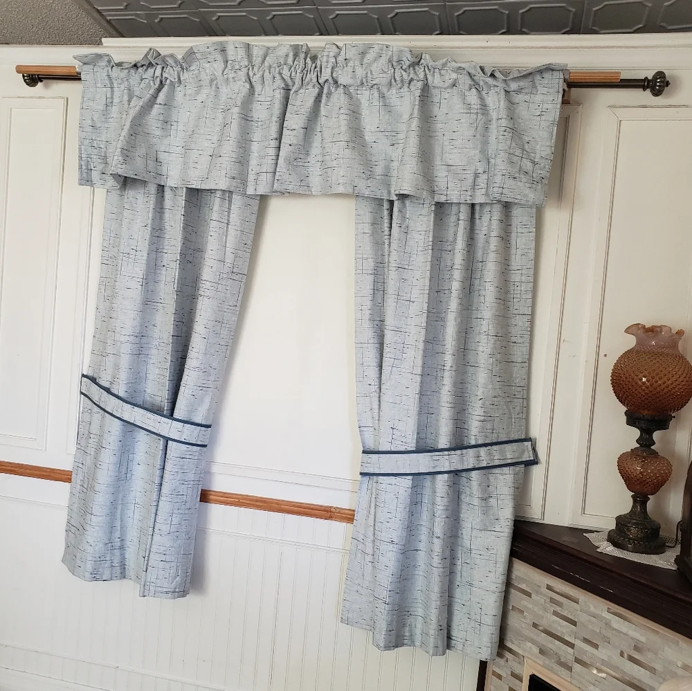 Sears Drapes 48W x 62L Tweed Print Pinch Pleat Curtains Blue VTG 50s 60s NEW